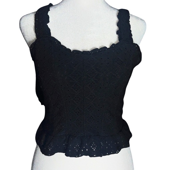 Urban Romantics Black Eyelet Crop Top S – Cottagecore Y2K Ruffle Stretch - Picture 1 of 5